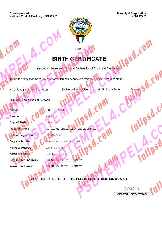 Kuwait Birth certificate pdf and word