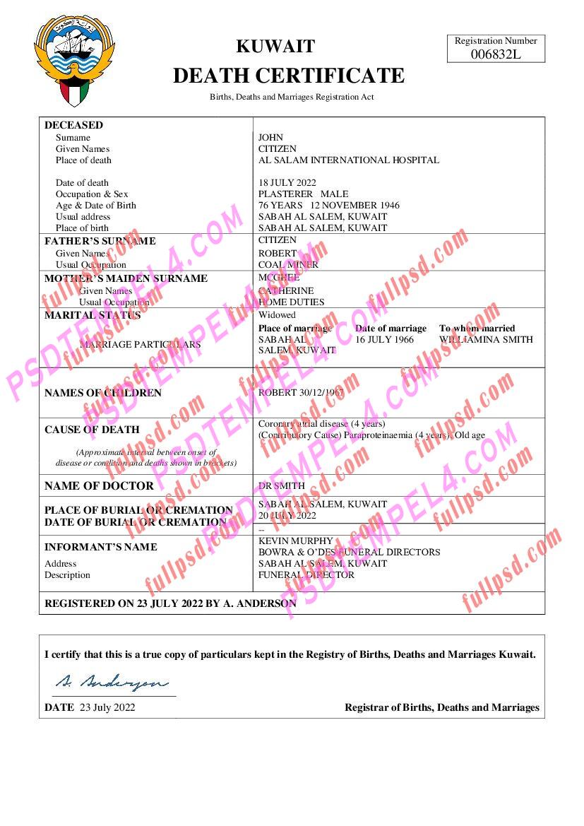 Kuwait death certificate pdf and word