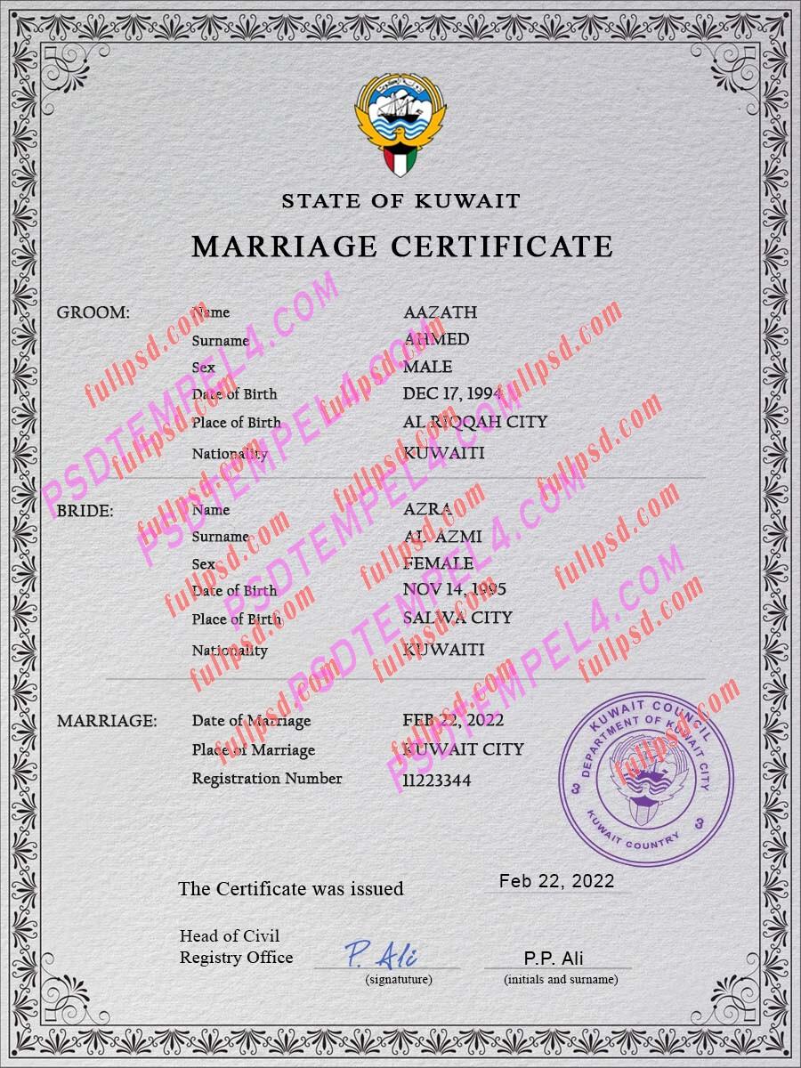 Kuwait marriage certificate psd