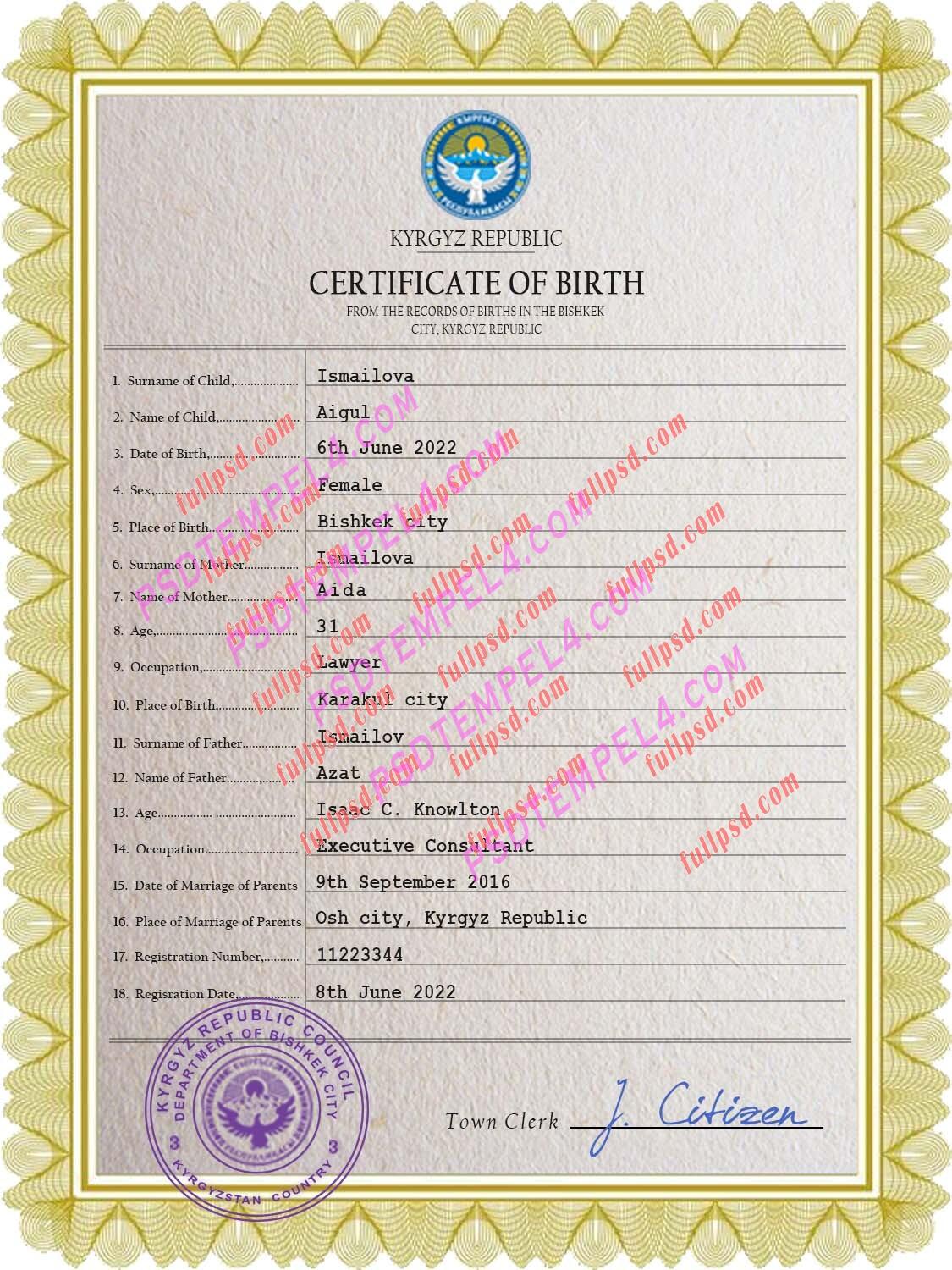 Kyrgyzstan Birth certificate PSD