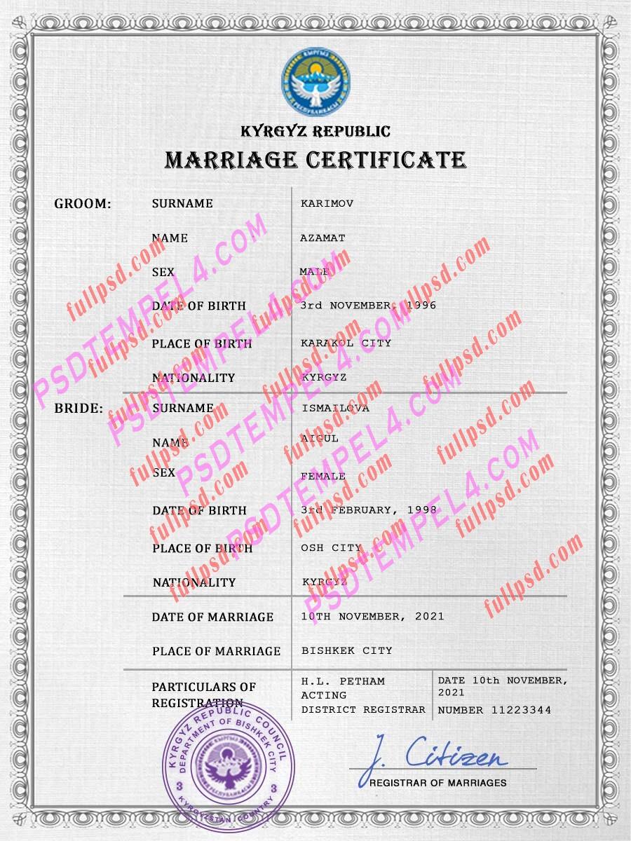Kyrgyzstan marriage certificate psd