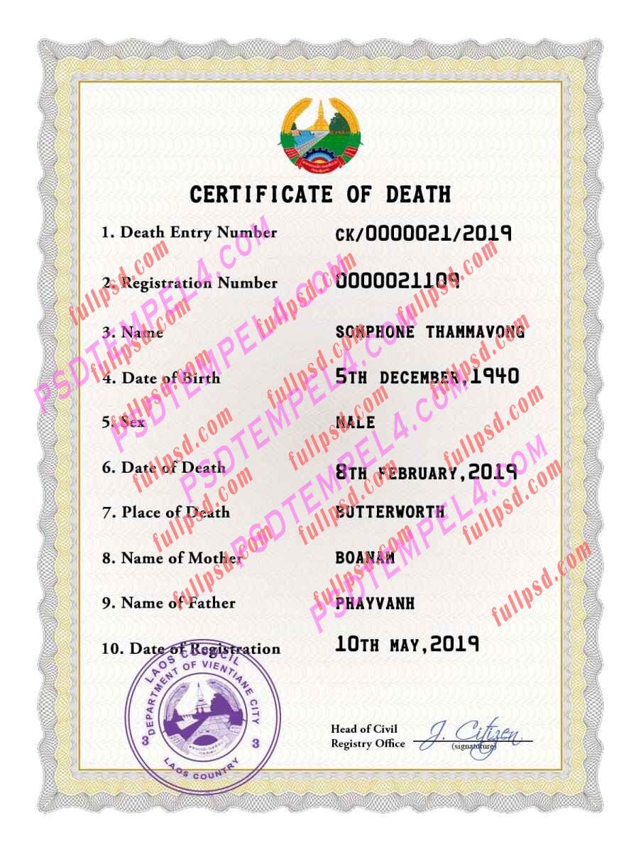 Laos death certificate psd