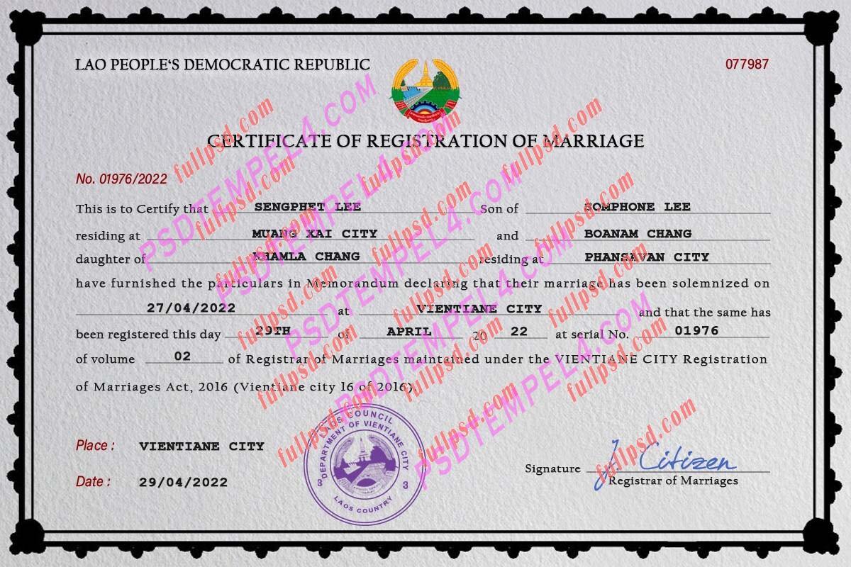 Laos marriage certificate psd