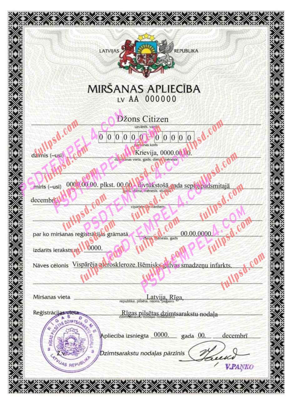 Latvia death certificateifiacate V1 psd