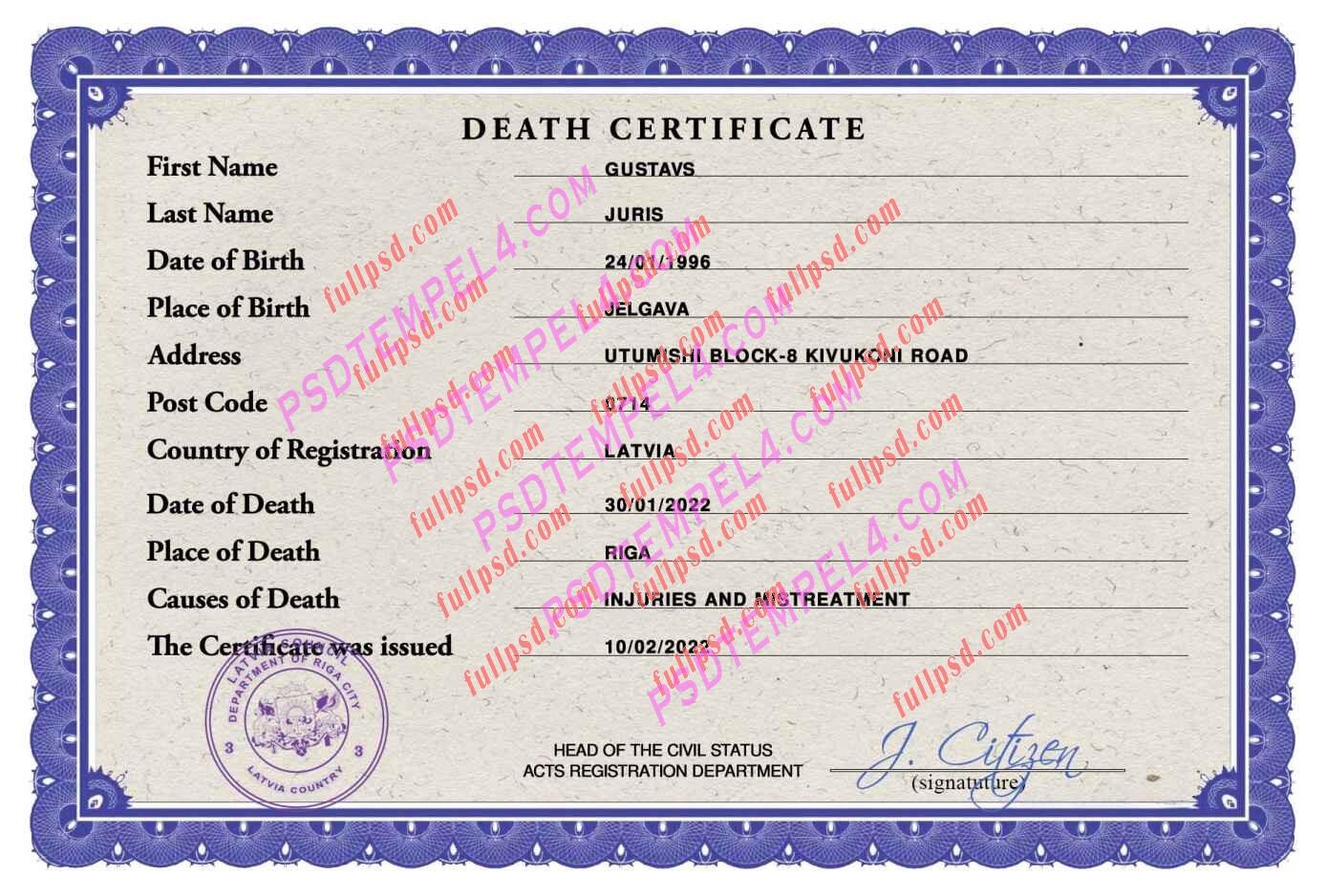 Latvia death certificateifiacate V2 psd
