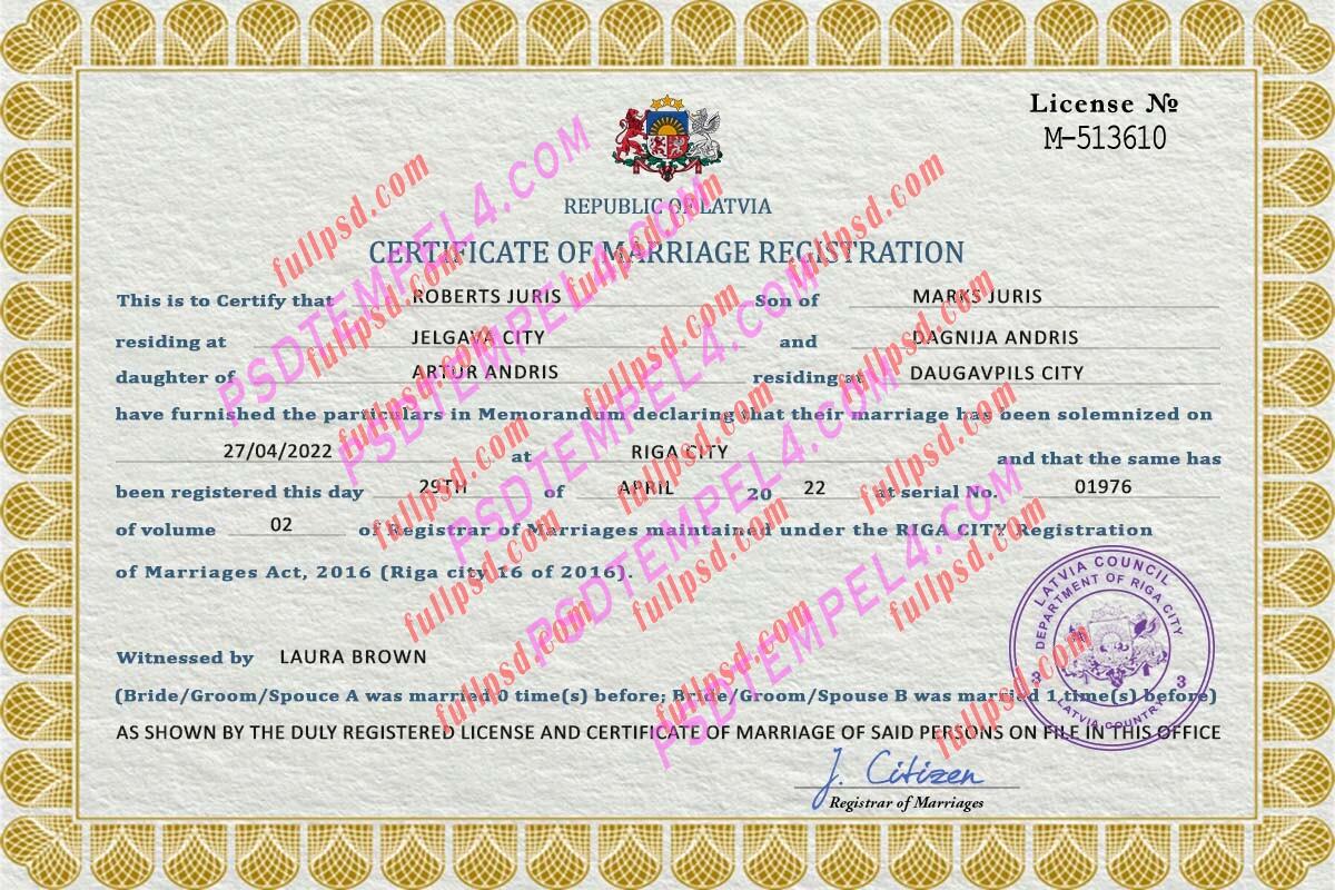 Latvia marriage certificate psd