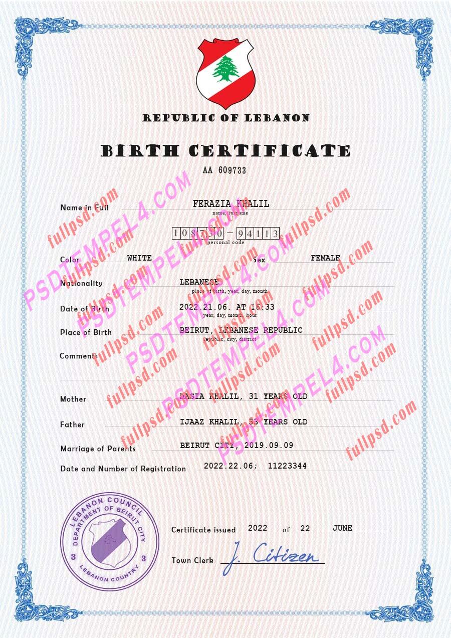 Lebanon Birth certificate PSD
