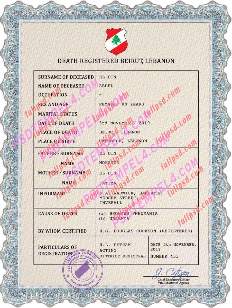 Lebanon death certificate psd