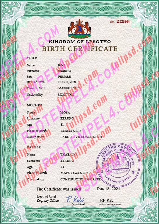 Lesotho Birth certificate PSD