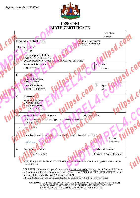 Lesotho Birth certificate pdf and word