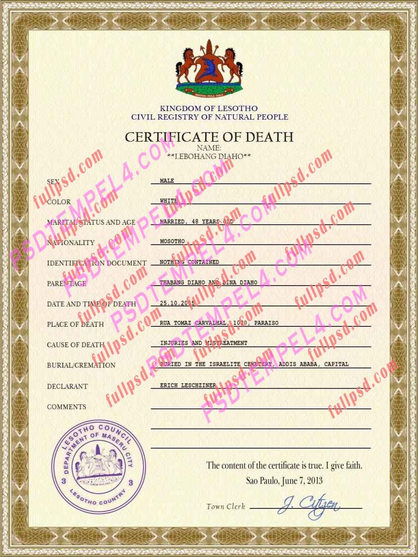 Lesotho death certificate psd