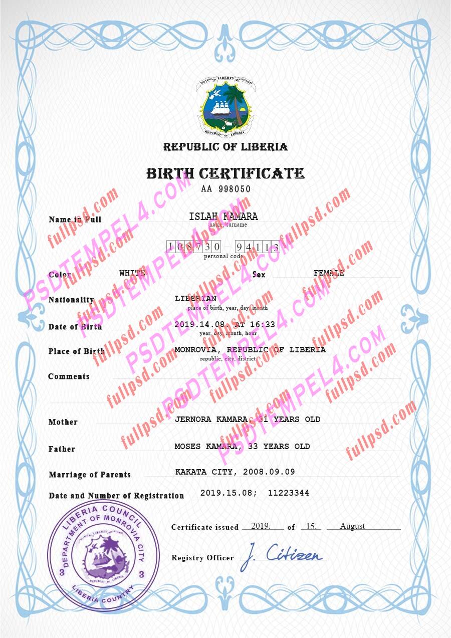 Liberia Birth certificate PSD