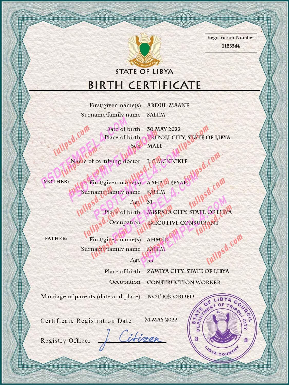 Libya Birth certificate PSD