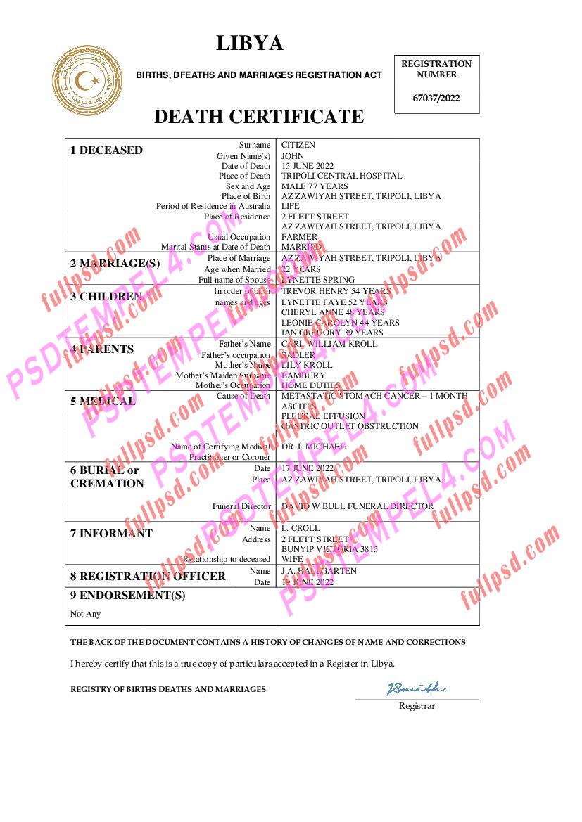 Libya death certificate pdf and word