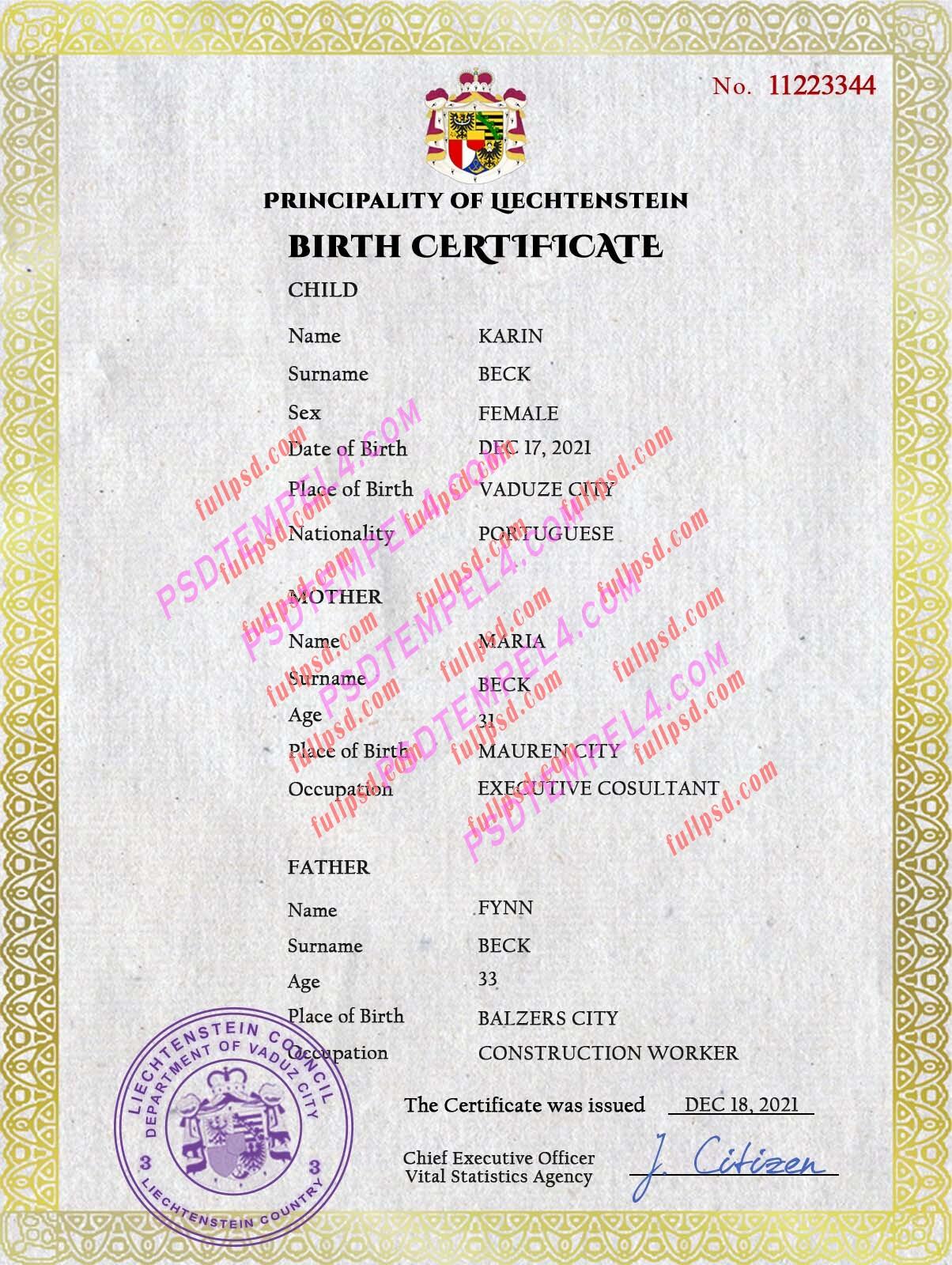Liechtenstein Birth certificate PSD