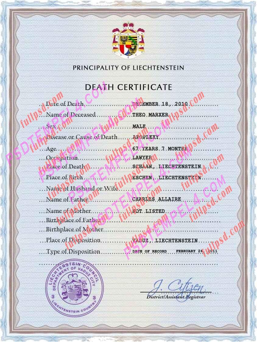 Liechtenstein death certificate psd