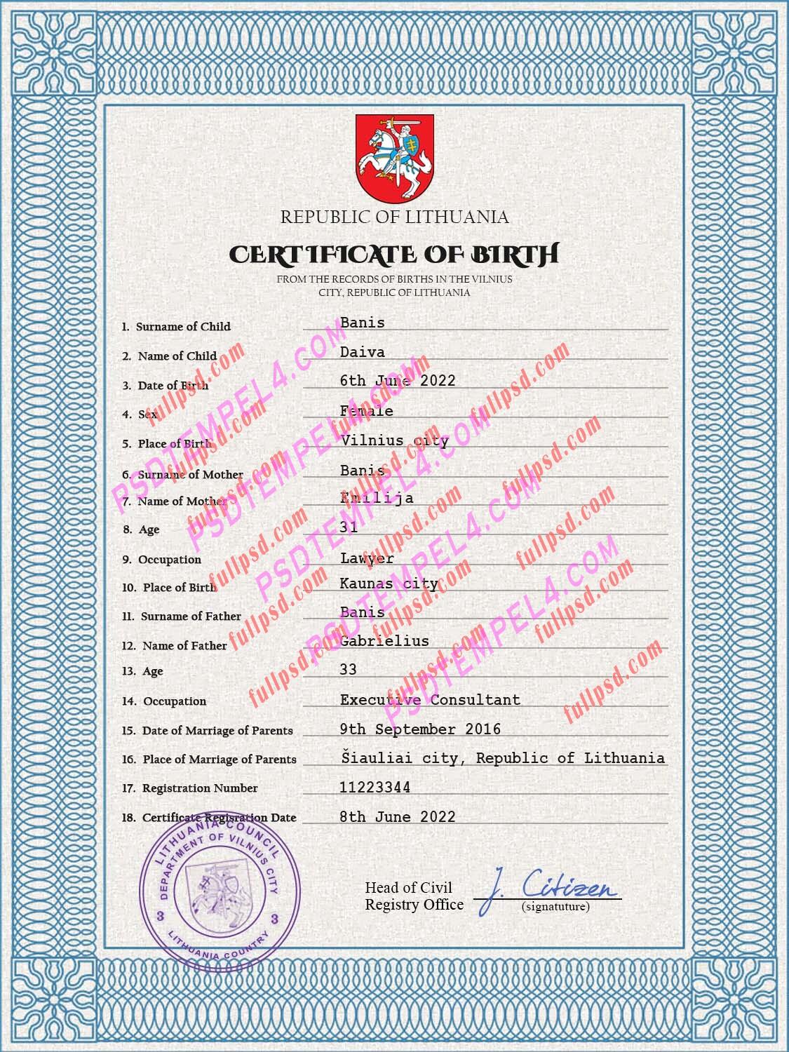 Lithuania Birth certificate PSD