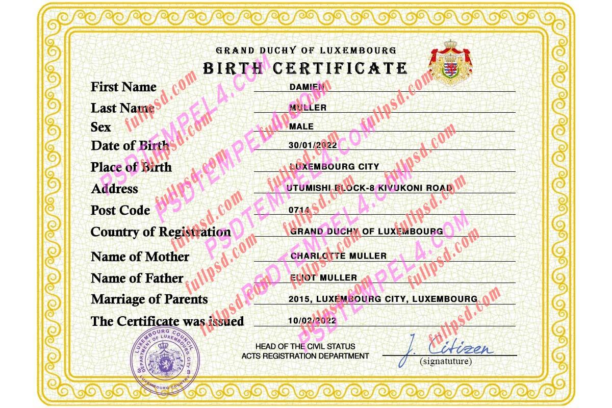 Luxembourg Birth certificate PSD
