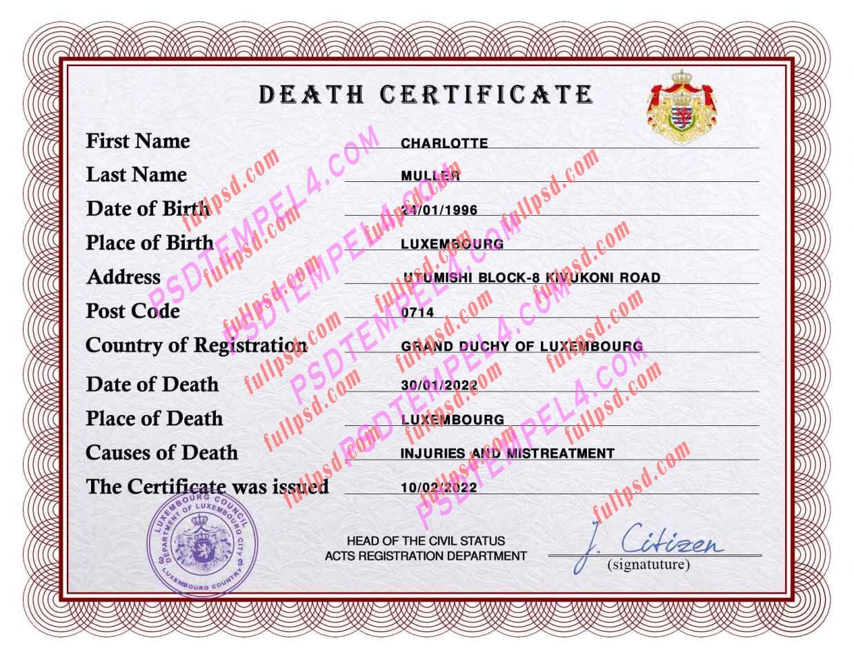 Luxembourg death certificate psd