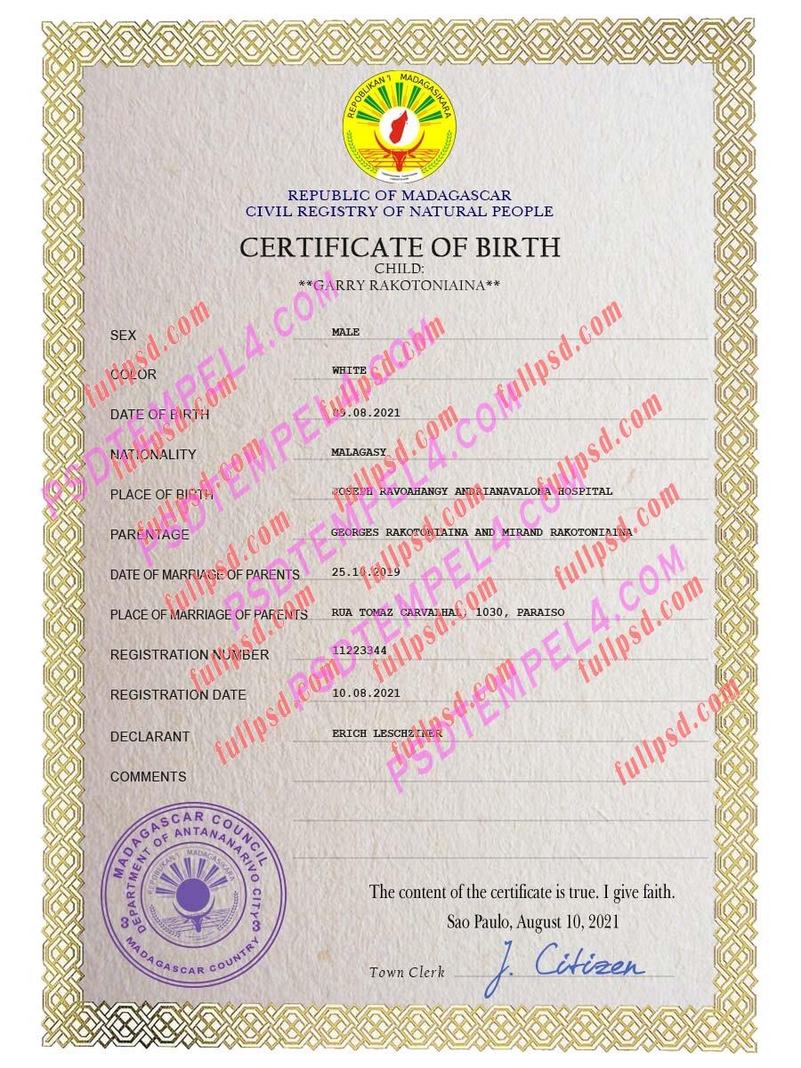 Madagascar Birth certificate PSD