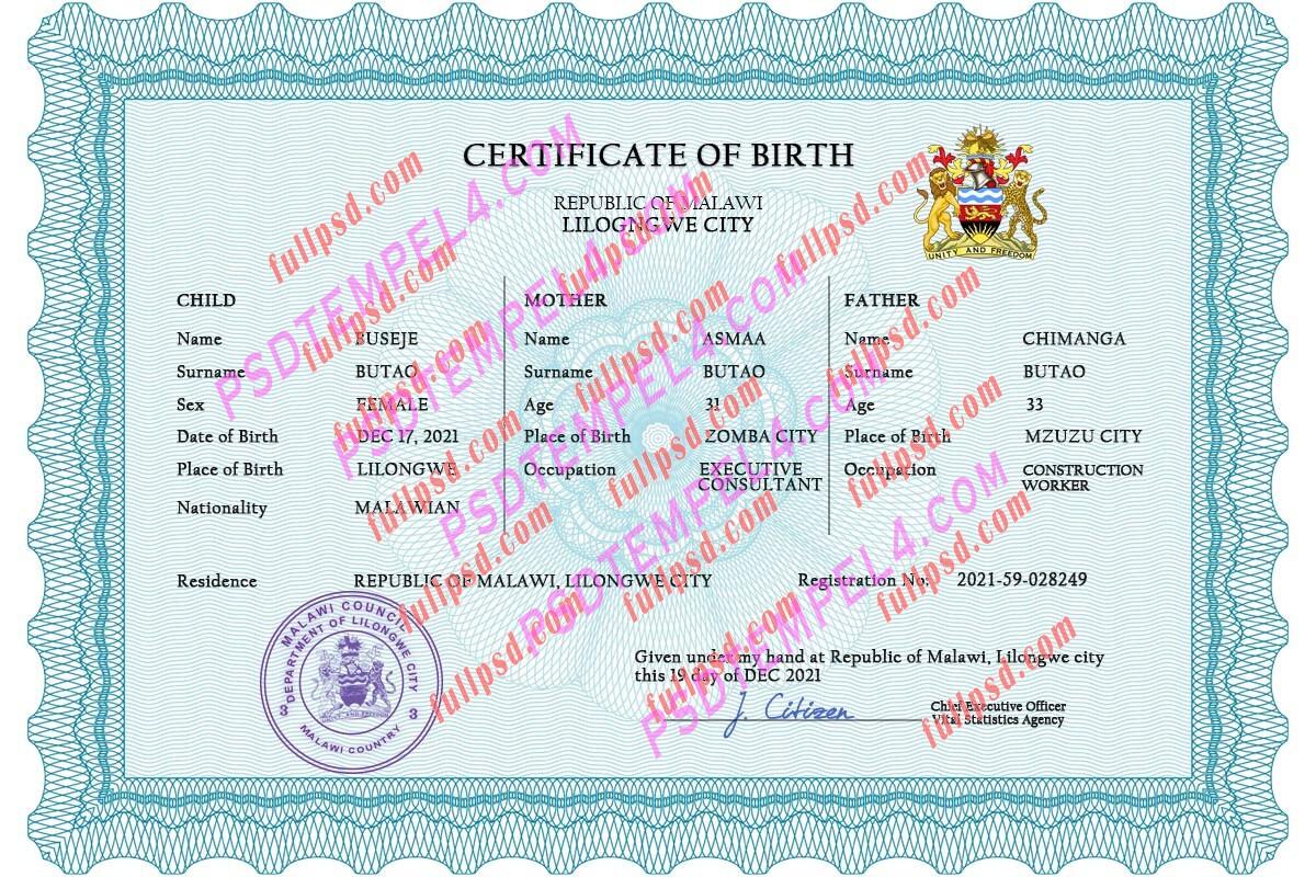 Malawi Birth certificate PSD