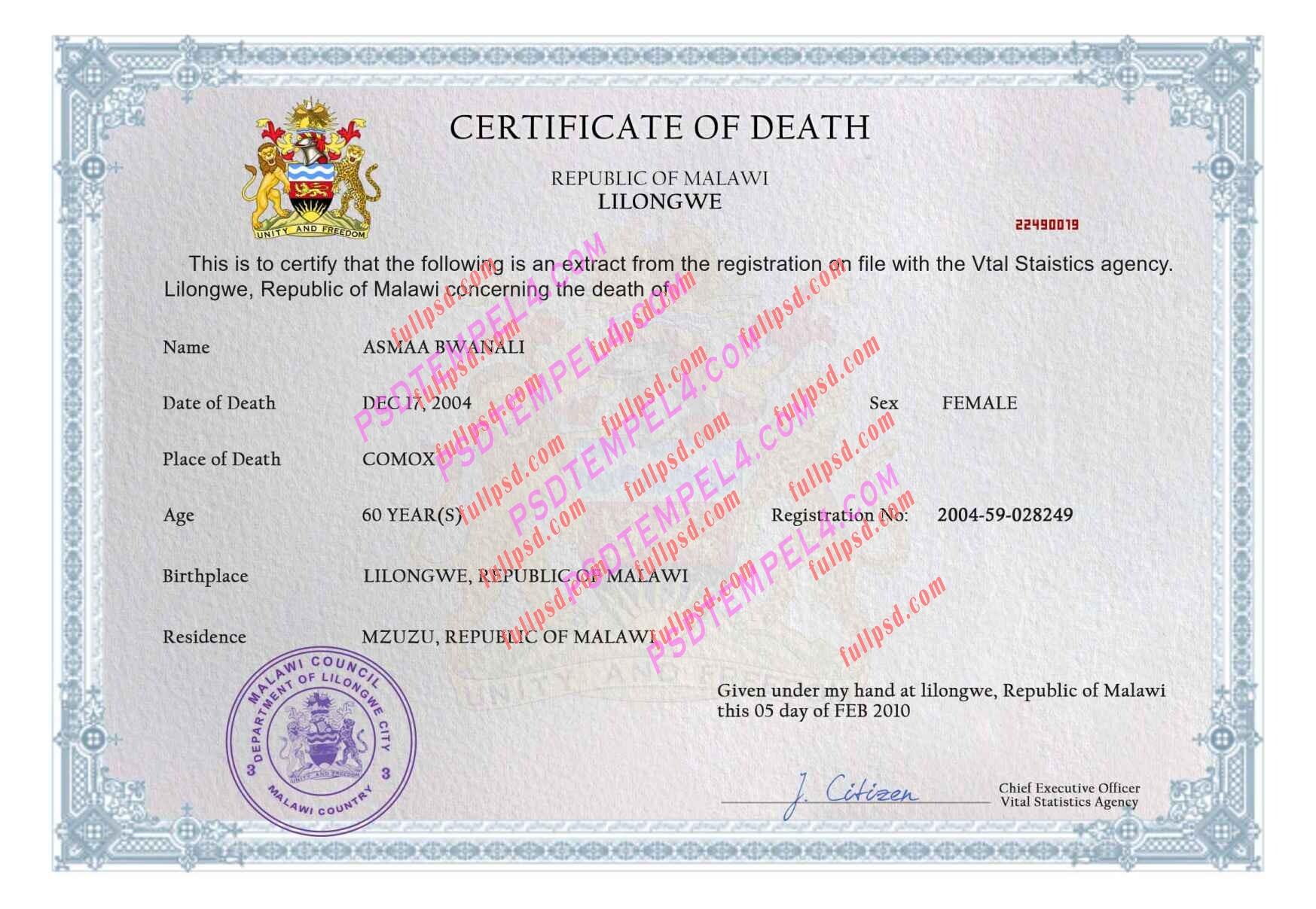 Malawi death certificate psd