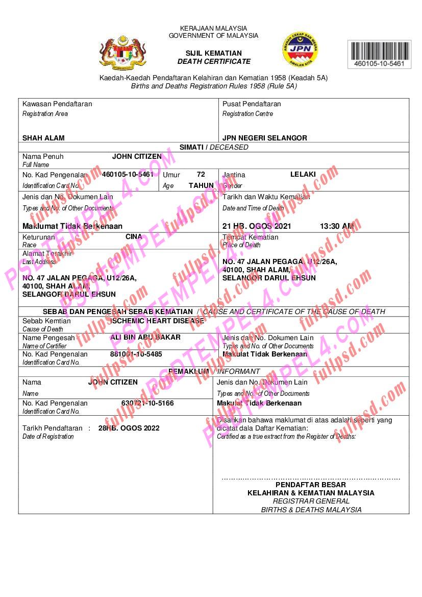 Malaysia death certificate pdf and word