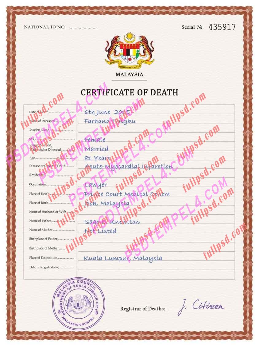Malaysia death certificate psd