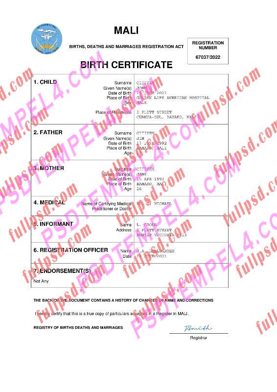 Mali Birth certificate pdf and word