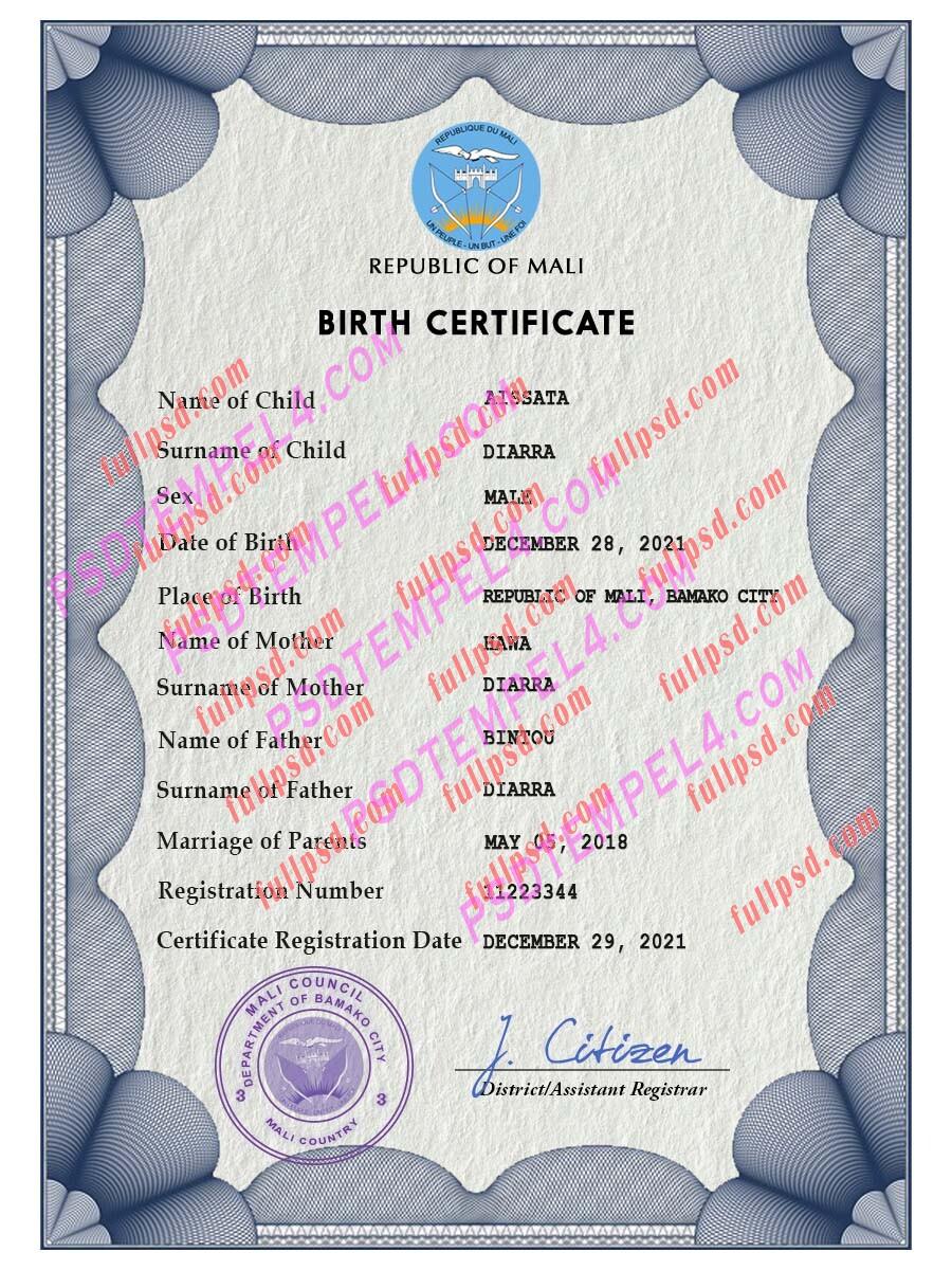 Mali Birth certificate PSD