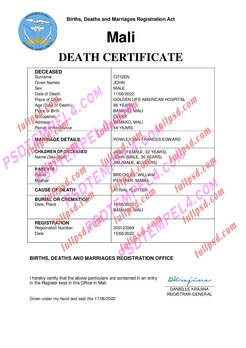 Mali death certificate pdf and word
