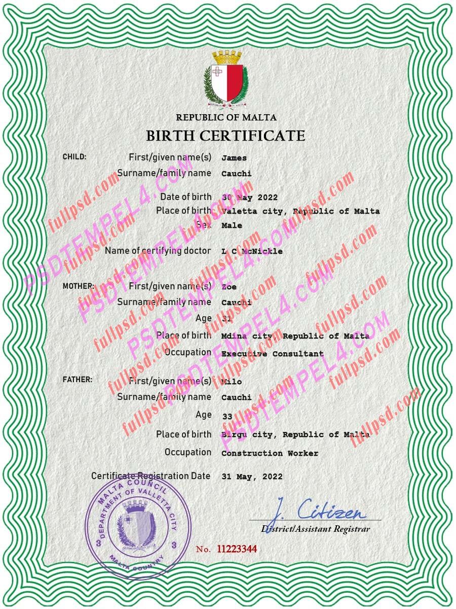 Malta Birth certificate PSD