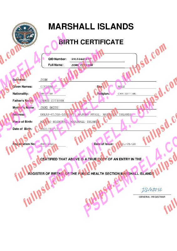 Marshall Islands Birth certificate pdf and word