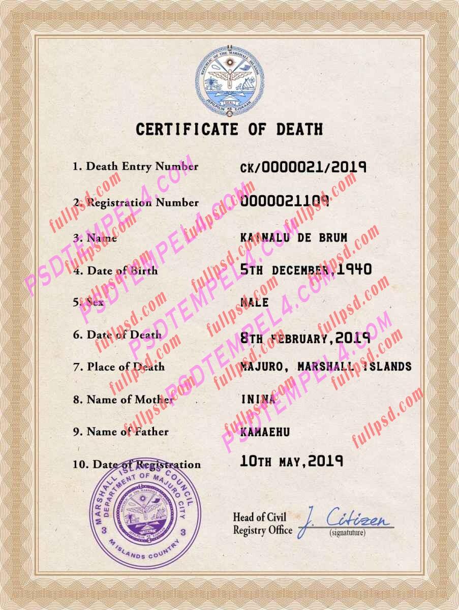 Marshall Islands death certificate psd
