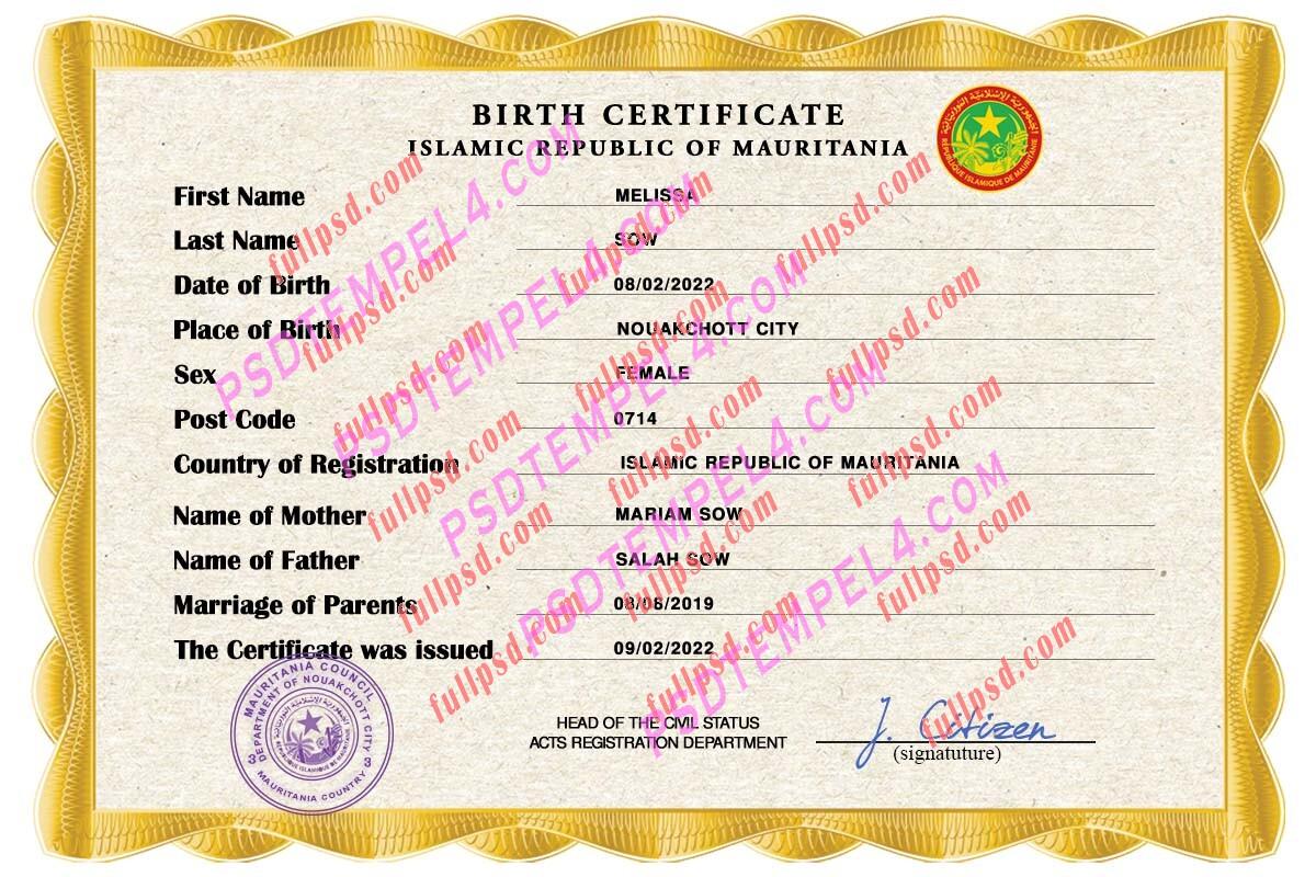 Mauritania Birth certificate PSD