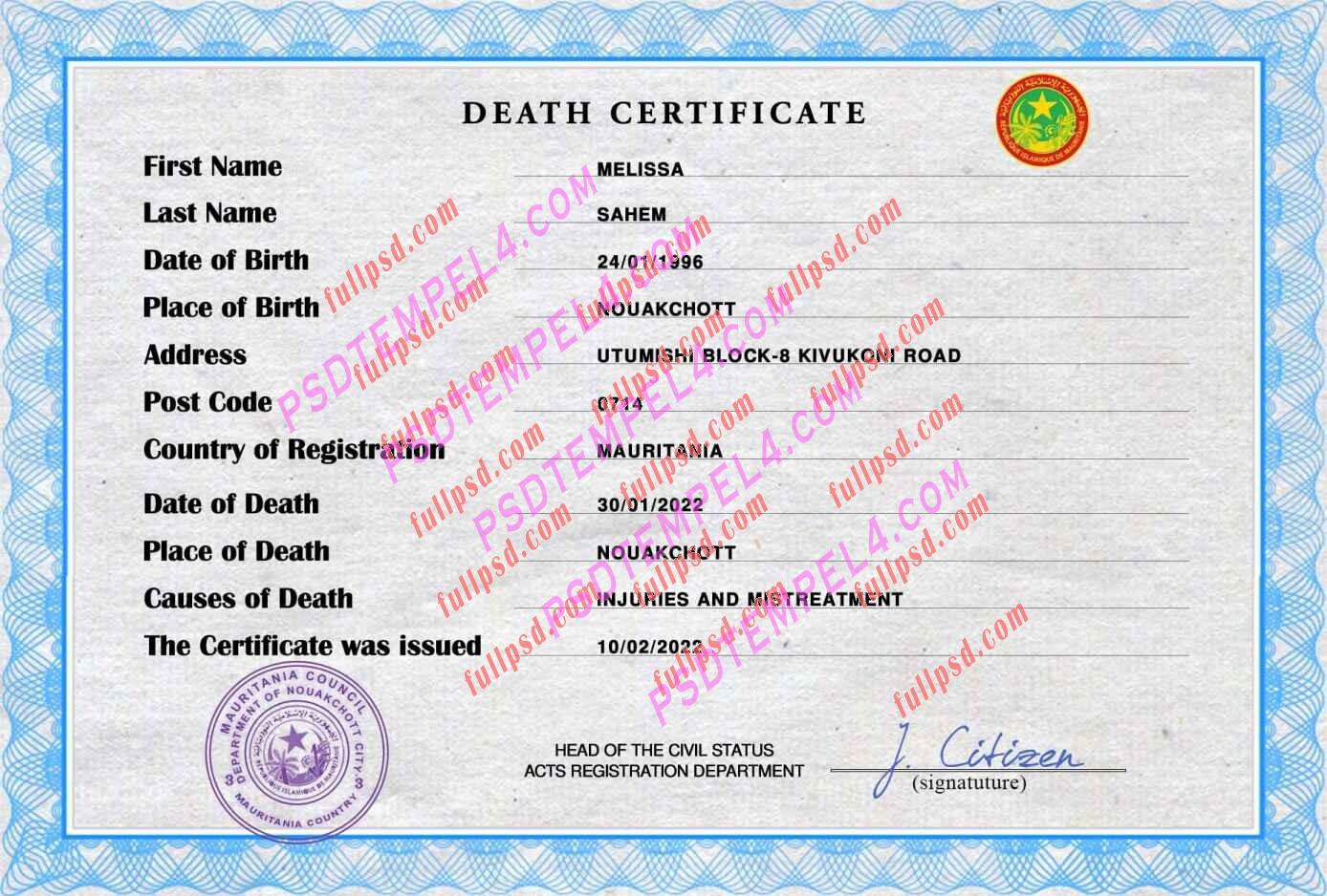 Mauritania death certificate psd