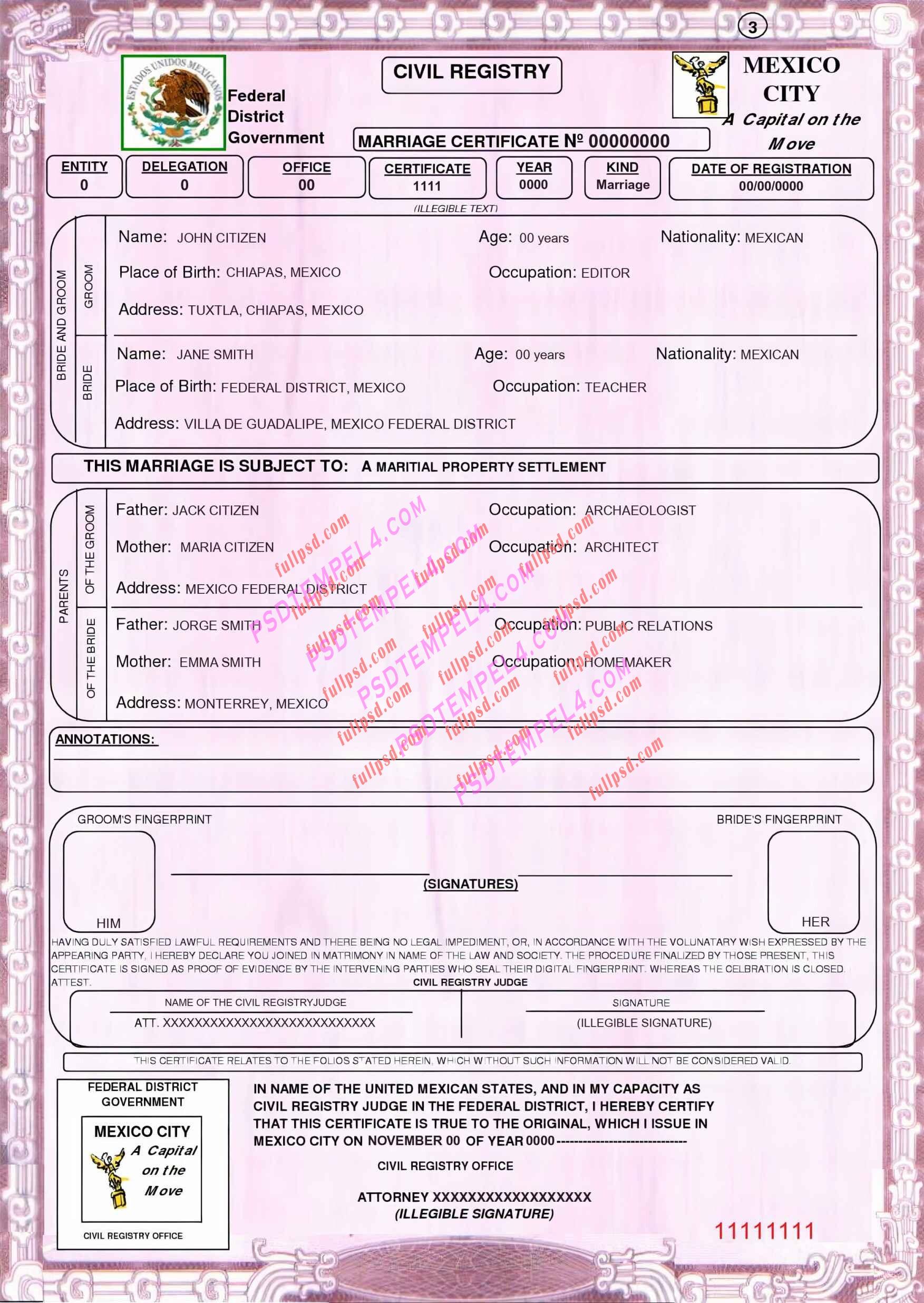 Mexico marriage certificate psd