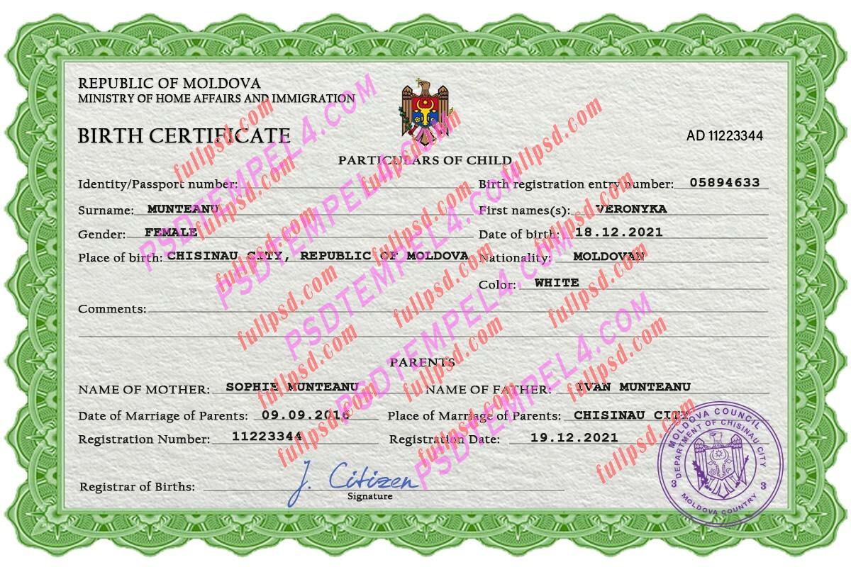 Moldova Birth certificate V2 PSD