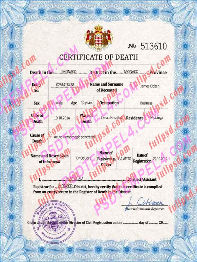 Monaco death certificate psd