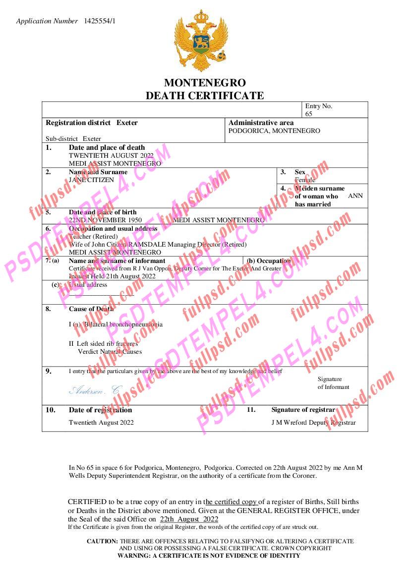 Montenegro death certificate pdf and word