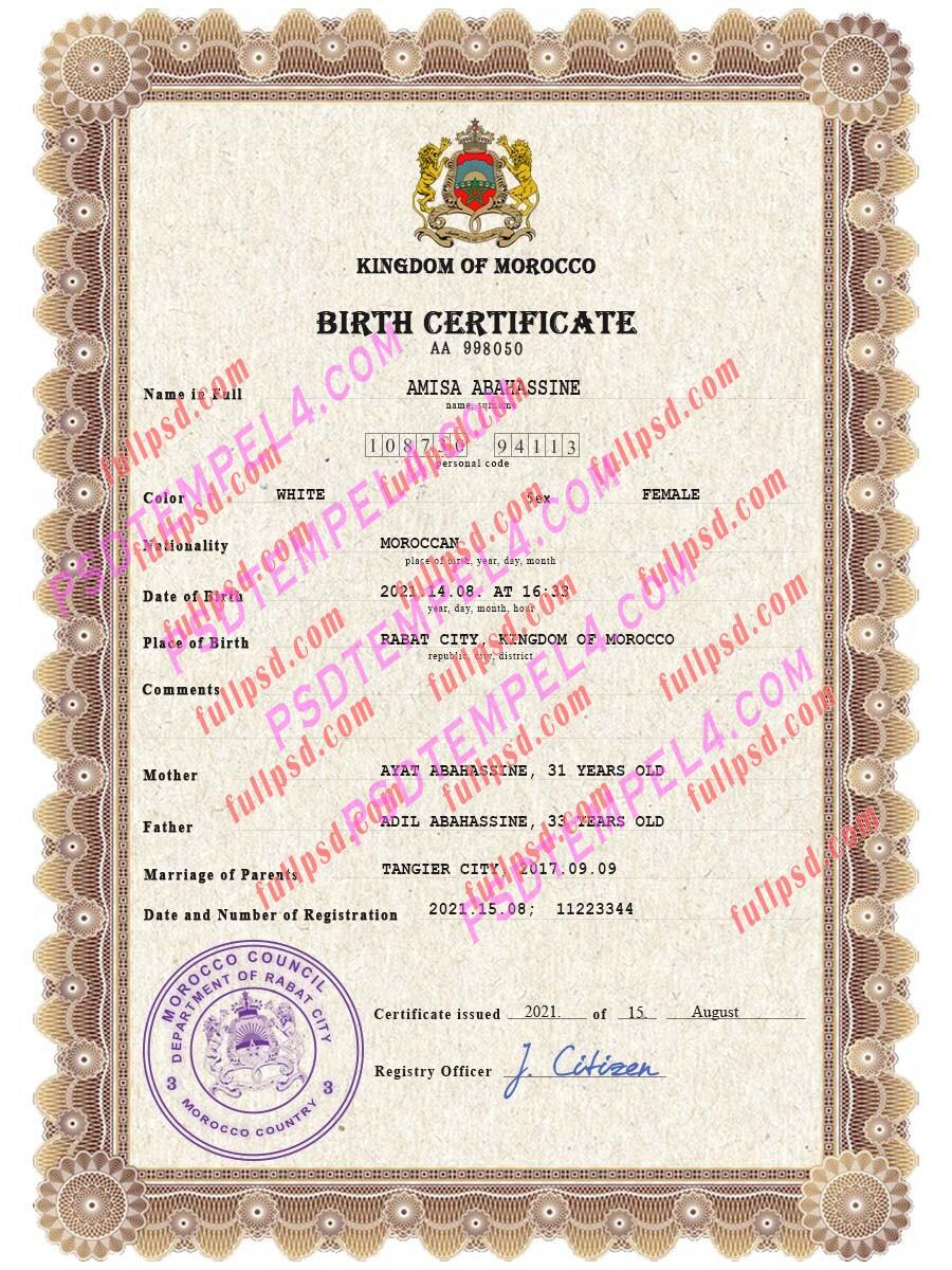 Morocco Birth certificate PSD