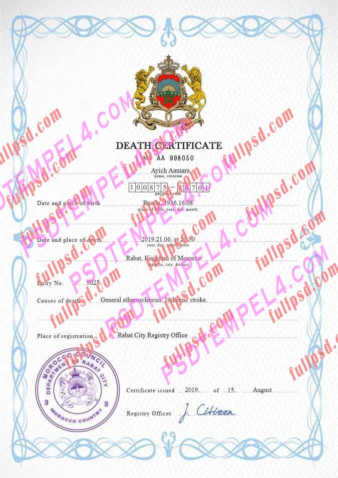 Morocco death certificate psd
