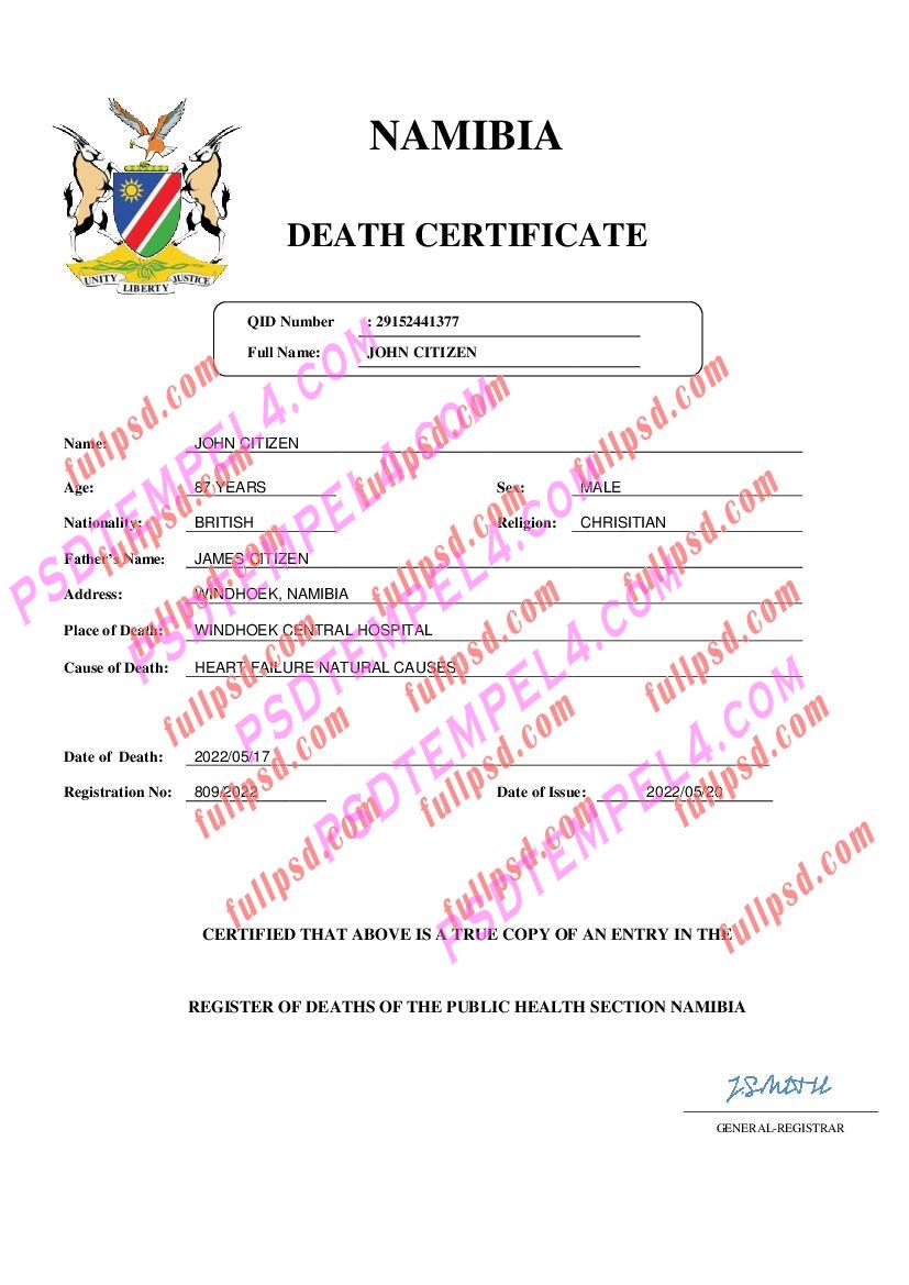 Namibia death certificate pdf and word