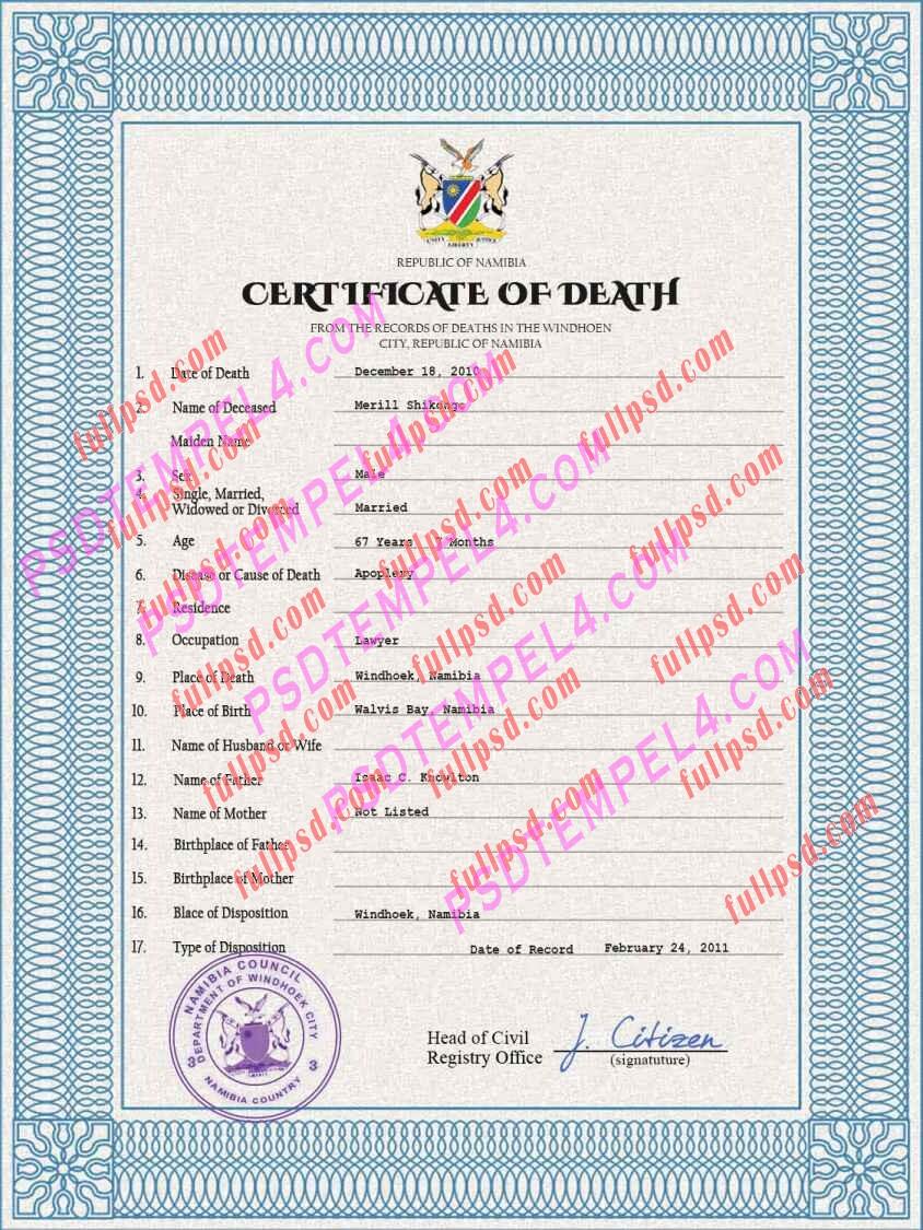 Namibia death certificate psd