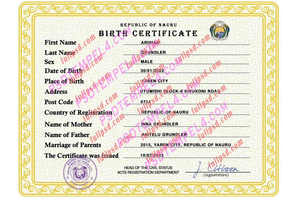 Nauru Birth certificate PSD