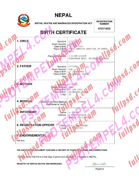 Nepal Birth certificate pdf and word