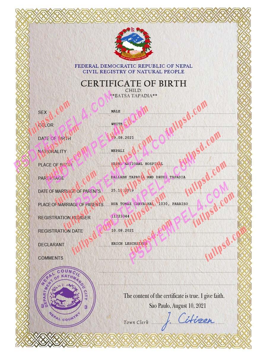 Nepal Birth certificate PSD