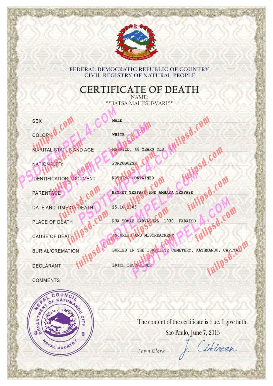 Nepal death certificate psd
