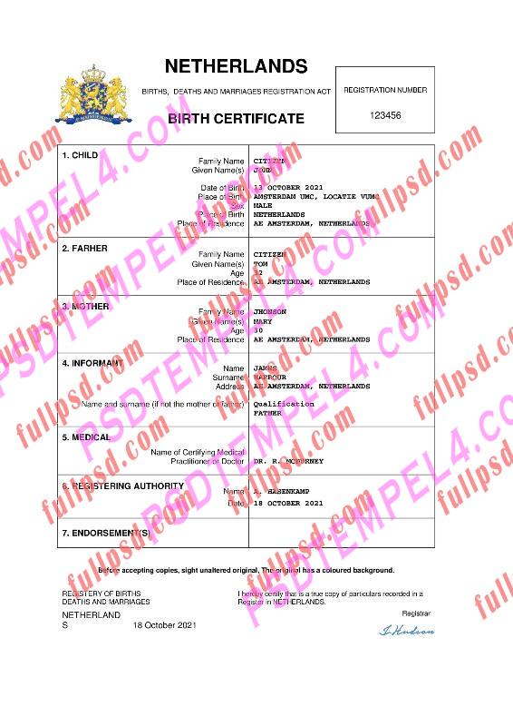 Netherlands Birth certificate pdf and word