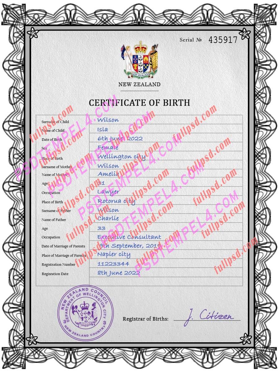 New Zealand Birth certificate V2 PSD
